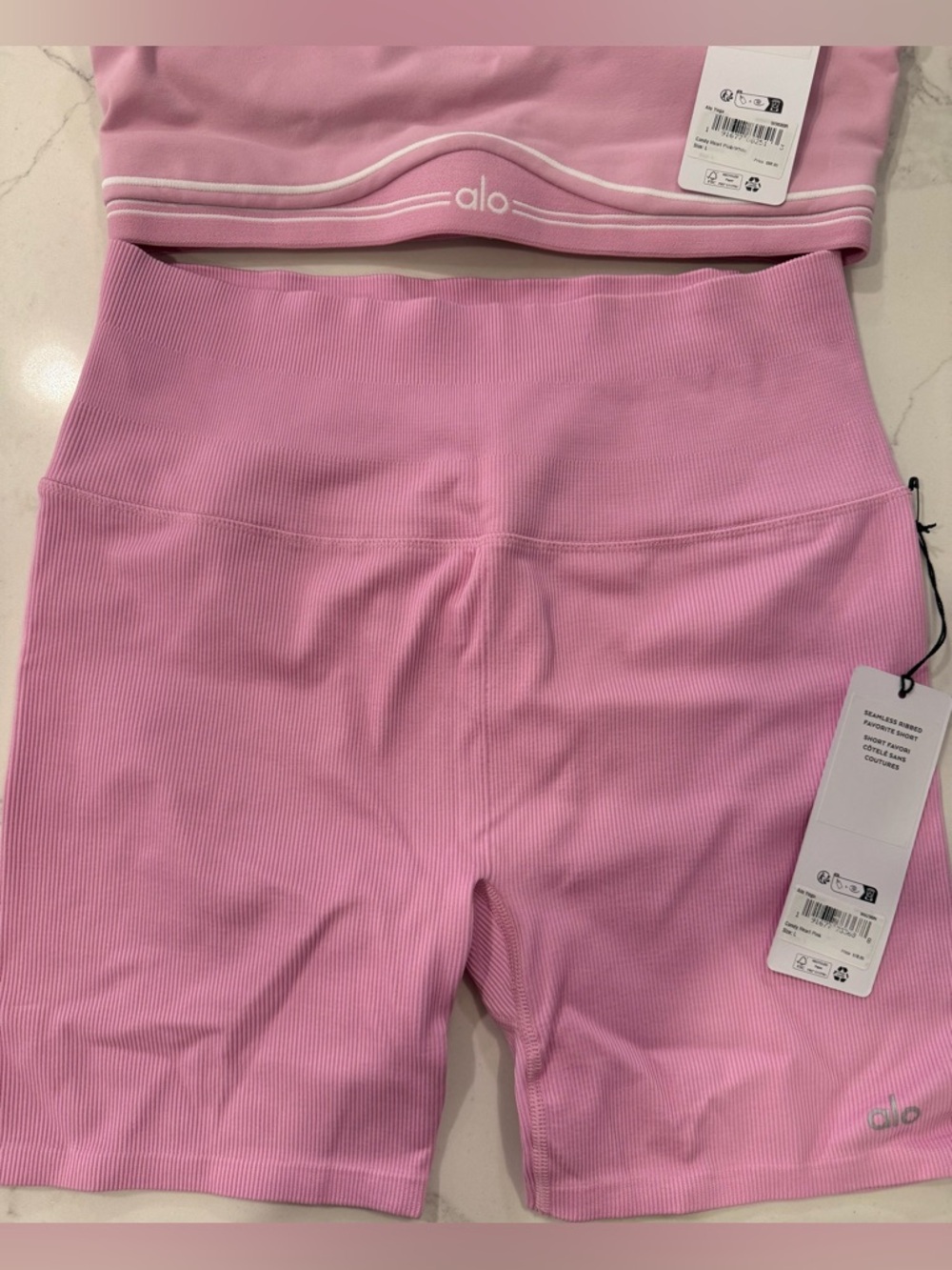 Alo Pink Ribbed Sports Bra & Bike Shorts Set and Candy heart pink - Picture 3 of 4